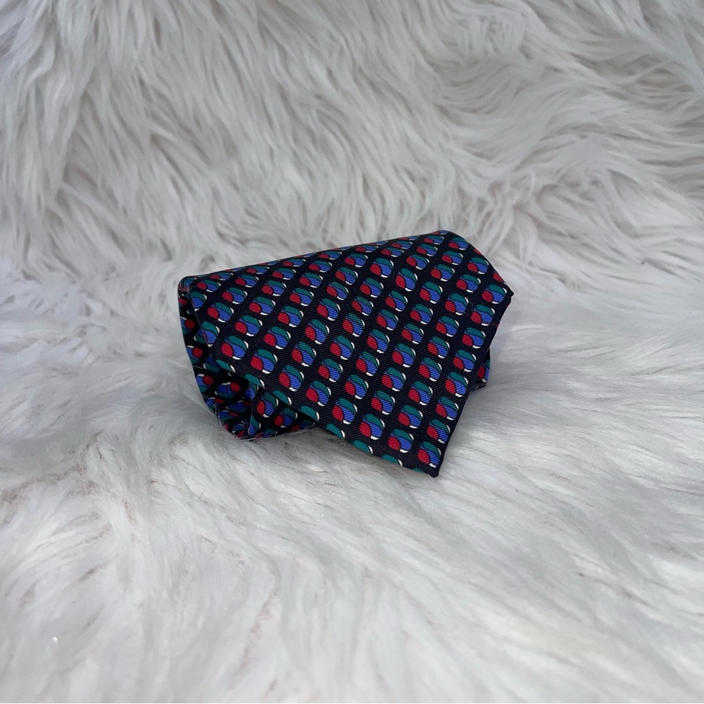 Vintage Brownstone 100% Italian Silk Tie Red & Blue Geometric Pattern